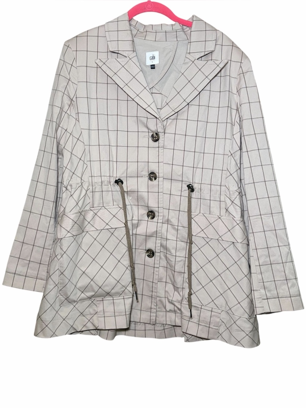 Cabi Windowpane Jacket 6026 Women's Drawstring Waist Size Large Beige Pockets